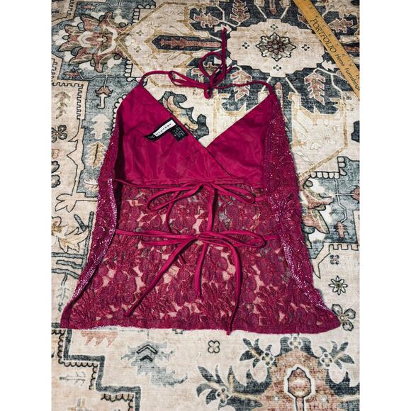 Vintage Hand Beaded y2k Open Back Tie Top Crop Pink Floral Halter Tank Medium - Picture 4 of 16